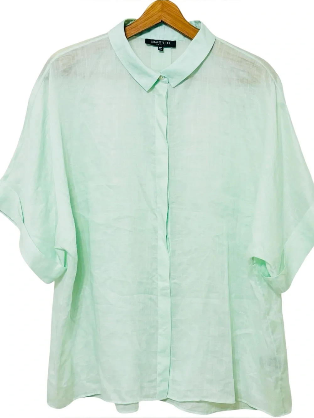 Lafayette 148 New York Ramie Tencel Button Up Top Short Sleeve Sage Green Blouse - Picture 2 of 10
